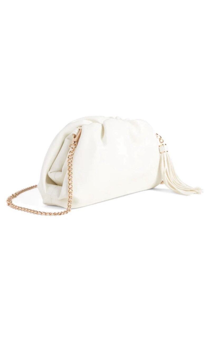 NWT UNDERSTATED LEATHER Purse Clutch or Chain Puff Clamshell Ivory with Dust Bag